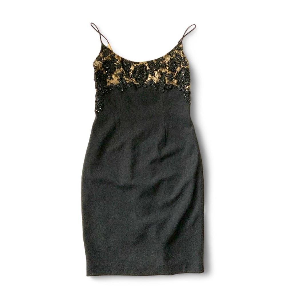 Black Beaded Cocktail Dress Spaghetti Straps Carmen Mark Valvo Size 2